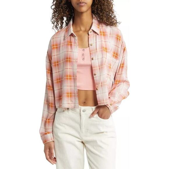 bpTop Plaid Crop Long Sleeve Collared Button-Up Shirt Pink Tan NWT Medium - Picture 1 of 7